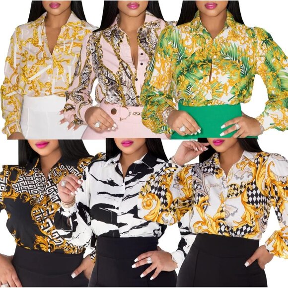 Women White Blouses Button Down Shirts Colorful Long Sleeve Floral Print Tops - Picture 5 of 6